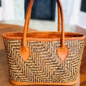 Vintage leather + raffia woven tote